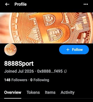 A Twitter/X profile page for '8888Sport' joined July 2026, featuring a Bitcoin profile picture and zero followers.