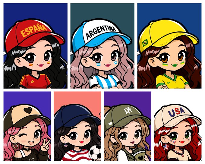 A grid of seven chibi-style cartoon girls wearing caps representing different countries: España, Argentina, Brazil, plus others with no visible country text, all in soccer fan attire.
