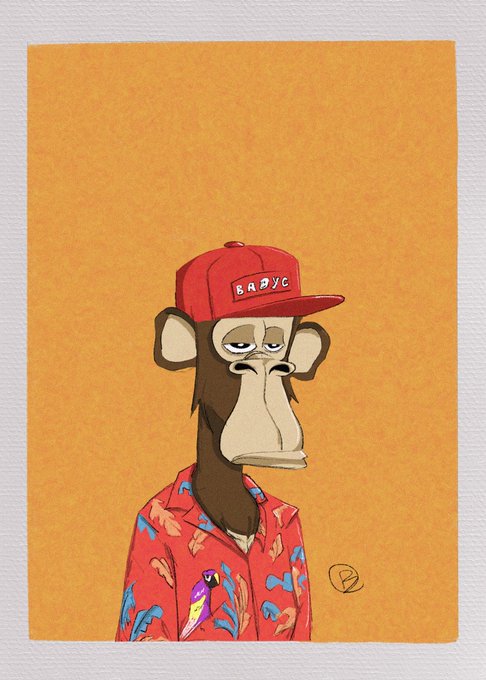 The image features a cartoon monkey wearing a red baseball cap with the word "BAP" written on it. The monkey appears to be posing for the camera, giving off an impression of being a cool and confident individual. The background color of the image is orange, which contrasts nicely with the monkey's attire. The post includes text that reads: "Gn. Don't know who owns this Ape, but he’s sexy Timelapse in replies." This suggests that someone has created an artwork featuring a cartoon monkey and wrote a caption about it.