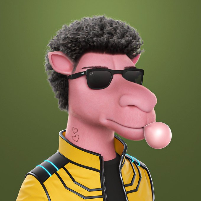 A 3D-rendered anthropomorphic character with pink skin, curly dark hair, sunglasses, and a yellow jacket with cyan accents, set against a green background.