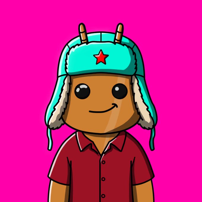 A cartoon NFT character with brown skin, wearing a teal/turquoise winter trapper hat with a red star and a red shirt, smiling against a bright pink background.