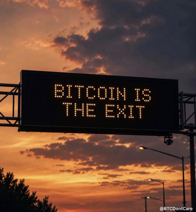 An electronic highway sign displays "BITCOIN IS THE EXIT" against a dramatic sunset sky, reinforcing the post's message of using Bitcoin ($BTC) as a means of opting out of the traditional financial system. The watermark "@BTCDontCare" appears in the bottom right corner.