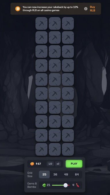 A screenshot of an online mines game with a 6x8 grid of covered tiles, showing a balance of '9.67' coins, 'x2' multiplier, and 'PLAY' button with options for grid size and bombs.
