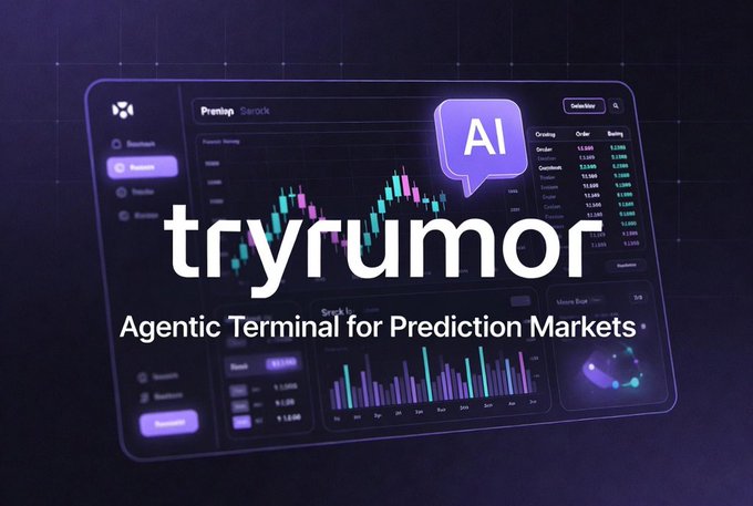 A promotional graphic for "tryrumor" describes it as an "Agentic Terminal for Prediction Markets" featuring a dark dashboard interface with charts and an AI speech bubble.