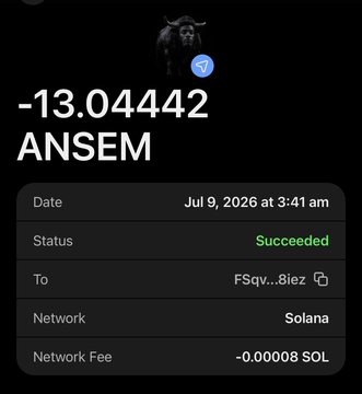 The image shows a successful Solana transaction receipt dated July 9, 2026, for a transfer of -13.04442 ANSEM tokens sent to FSqv...8iez with a minimal network fee of -0.00008 SOL. This relates to the post by suggesting the user received ANSEM tokens through the sender's Telegram channel, promoting following for future airdrops.