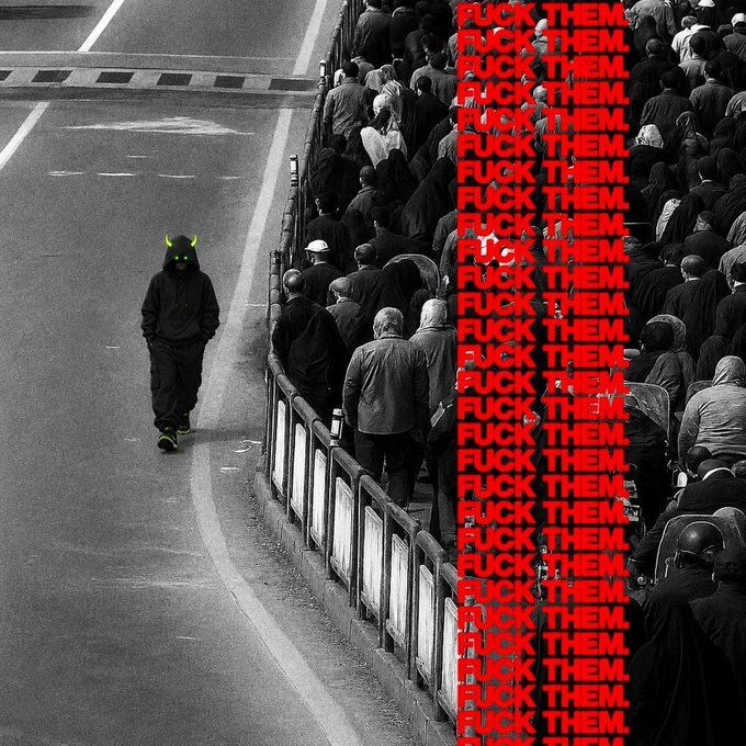 A high-contrast black-and-white street photograph of a person in a dark hoodie with glowing green horns walking alone on a road next to a dense crowd of pedestrians, overlaid with repeated red text reading "FUCK THEM."