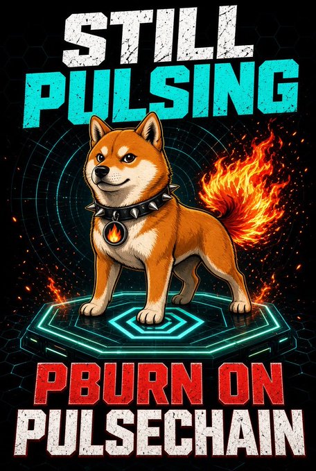 A digital graphic of a Shiba Inu dog with a flaming tail and spiked collar standing on a hexagonal platform, with text reading 'STILL PULSING' and 'PBURN ON PULSECHAIN'.