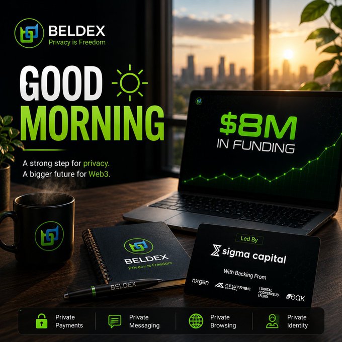 BELDEX 'Good Morning' promotional image announcing $8M in funding led by Sigma Capital with backing from nxgen, NewTribe Capital, Digital Strategies Fund, and EQX, highlighting Web3 privacy features.