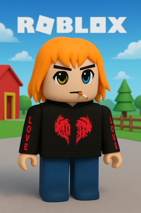 A 3D rendered Roblox character with orange hair and heterochromia (one yellow eye, one blue eye), wearing a black hoodie with red dragon designs and the word 'LOVE' on the sleeves.