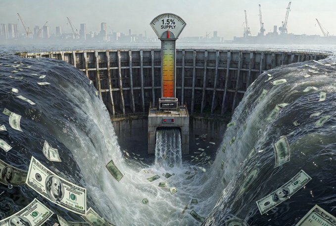 A dam holds back a river, with a scale on top displaying "1.5%", while money falls from the sky and a city skyline looms in the background.