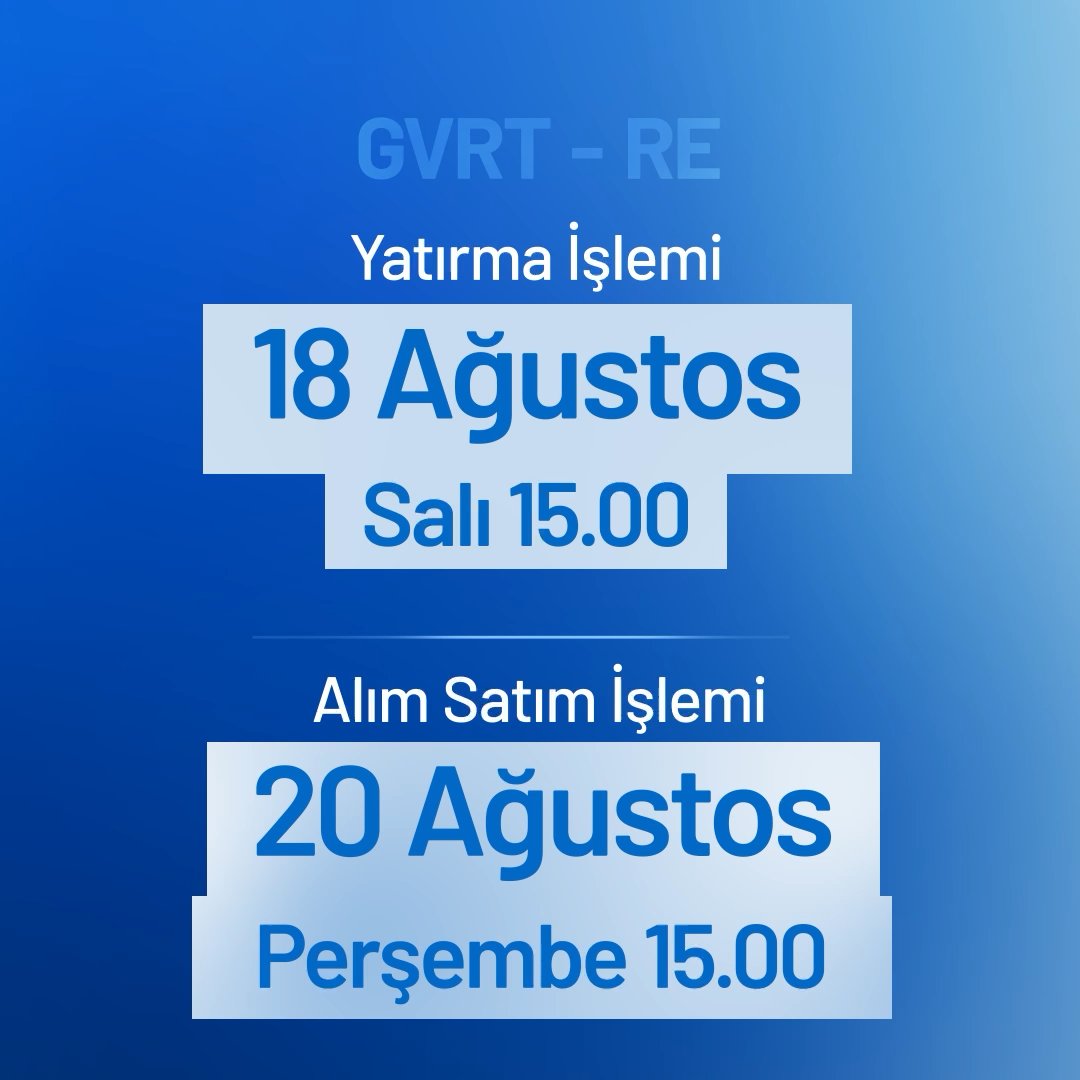 A BtcTurk | Crypto promotional graphic with a blue gradient background announces upcoming dates for GVRT and RE token transactions: deposit trading (Yatırma İşlemi) opens Tuesday, August 18 at 15:00, while buying/selling trading (Alım Satım İşlemi) begins Thursday, August 20 at 15:00.