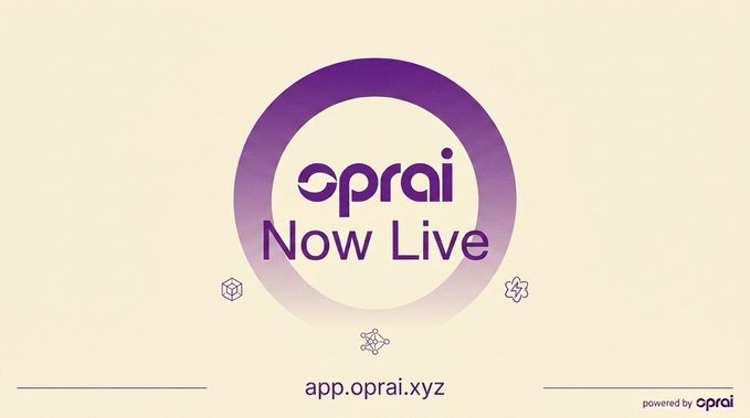 A promotional graphic with a yellow background featuring a purple gradient circle containing the text 'oprai Now Live' and the URL 'app.oprai.xyz' at the bottom.