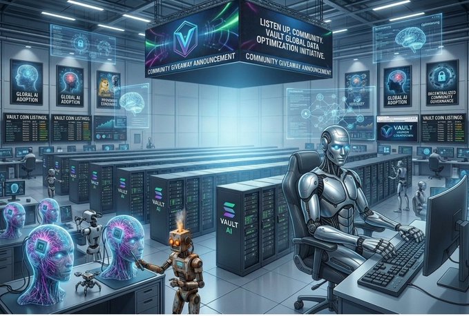 A futuristic AI command center featuring a humanoid robot at a computer terminal alongside glowing neural network heads and Vault AI server racks, with overhead displays reading "COMMUNITY GIVEAWAY ANNOUNCEMENT" and "VAULT AI" branding—visually reinforcing the post's message of community appreciation and the $VauAI project's AI-driven vision.