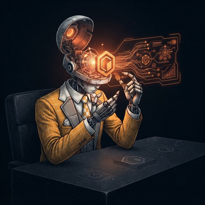 Sci-fi digital artwork of a robot wearing a yellow checkered suit, with its head opened to reveal glowing orange circuitry and a holographic hexagonal display projecting from its head.