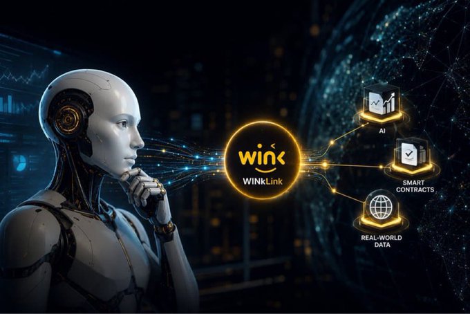 A futuristic humanoid robot in profile connects to a glowing network featuring the "WinkLink" Oracle logo, with connected nodes labeled "AI," "SMART CONTRACTS," and "REAL-WORLD DATA."