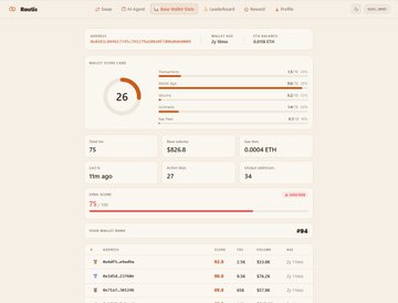 A Base wallet analytics dashboard from Nodin displaying wallet score "26," a wallet age of 11m, a total score of 75, and top token holdings including AI16Z (62.5), Khalifa (88.8), and Sherlock (88.9), with accompanying Turkish text noting that 130 wallets have been analyzed using the Base Wallet Analysis and Sybil Score tool.