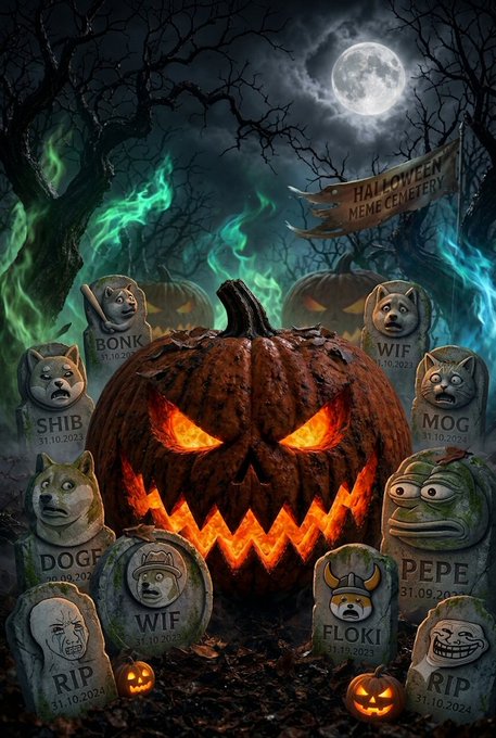 A Halloween-themed meme cemetery image featuring a glowing jack-o'-lantern surrounded by tombstones labeled with crypto meme names like BONK, WIF, SHIB, MOG, FLOKI, PEPE, DOGE, and RIP.