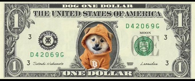 A parody 'DOG ONE DOLLAR' bill featuring a Shiba Inu dog wearing an orange hoodie with a Bitcoin logo, with signatures reading 'Satoshi Nakamoto' and 'Leonidas'.