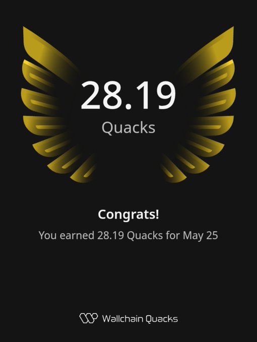 The image features an advertisement with a gold-colored bird's wing design at its center. The text "concludes" is written below the wing design, indicating that the user has completed a task or reached a goal. The background of the image is black, and there are numbers displayed in white text above the wing design. These numbers represent Quacks, which are the rewards for completing tasks on Wallchain Select.