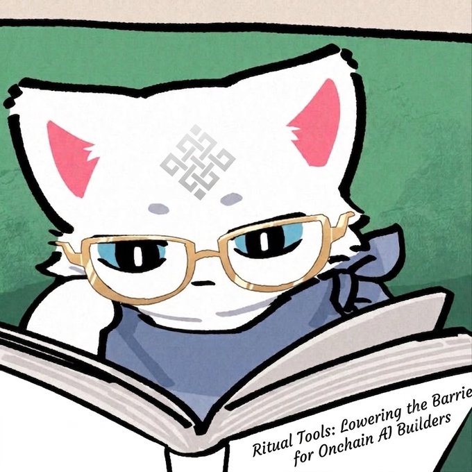 An illustrated white cat character with glasses reading a book titled 'Ritual Tools: Lowering the Barriers for Onchain AI Builders,' featuring a geometric symbol on its forehead.