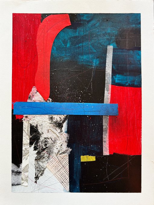 An abstract mixed-media collage artwork featuring bold red, blue, and black shapes with textured paper elements on a white background.