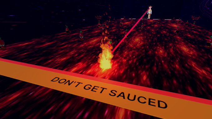 A fiery, lava-like digital landscape featuring a character standing on the right with a red laser beam extending from their position. A banner at the bottom reads 'DON'T GET SAUCED'.