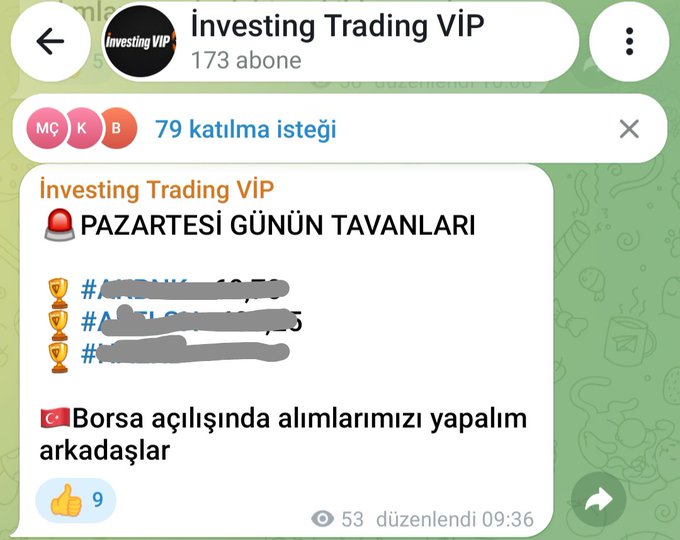 A Telegram group screenshot titled 'Investing Trading VIP' with 173 subscribers and 79 join requests, showing a Turkish message 'PAZARTESİ GÜNÜN TAVANLARI' (Monday's ceiling stocks) with redacted ticker names and 'Borsa açılışında alımlarımızı yapalım arkadaşlar' (Let's make our purchases at the stock market opening, friends) posted at 09:36.
