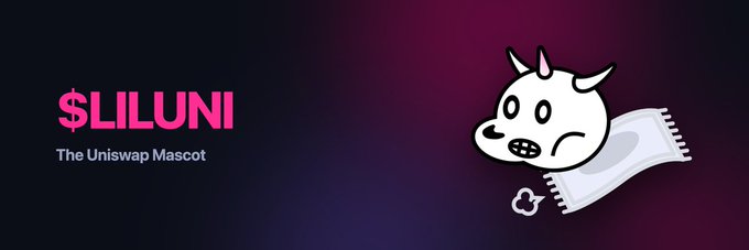 A promotional banner features the Uniswap mascot Liluni, showing a cartoon unicorn peeking out of a toga against a dark gradient background with the text '$LILUNI - The Uniswap Mascot'.