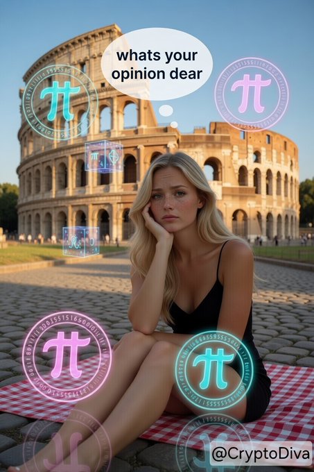 A blonde woman sits on a red and white checkered blanket in front of the Colosseum in Rome, with Pi Network cryptocurrency logos floating around her and a thought bubble reading 'whats your opinion dear,' watermarked @CryptoDiva.
