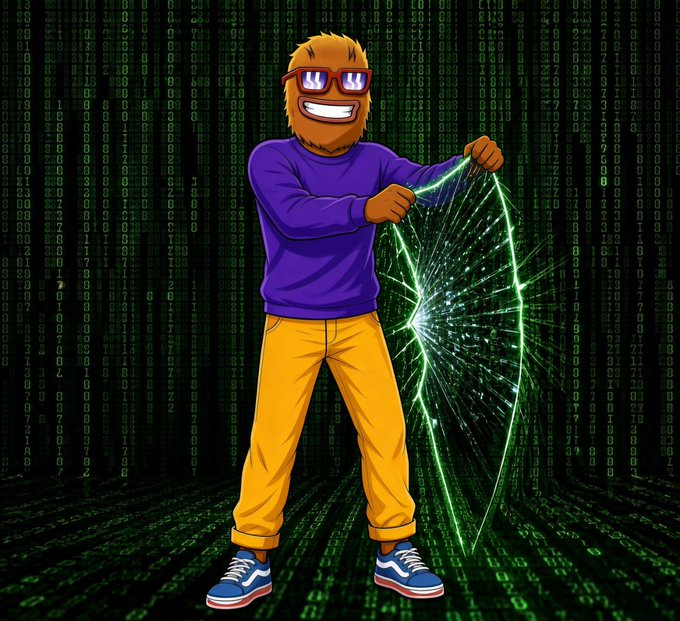 A cartoon furry wolf wearing sunglasses, a purple sweater, and orange pants is pulling back a digital green code curtain to reveal an opening, set against a backdrop of falling binary digits like the Matrix, visually representing the "$WOLF" meme's invitation to escape the digital illusion.