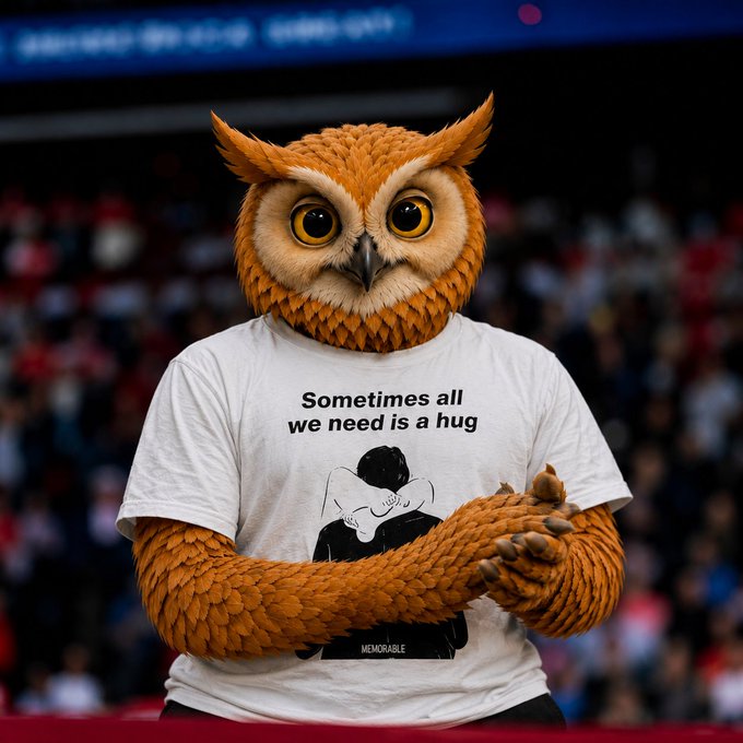 A person wearing an owl mask and a white t-shirt reading 'Sometimes all we need is a hug' with a hugging illustration and 'MEMORABLE' text at the bottom, stands in front of a blurred crowd at what appears to be a sporting event.