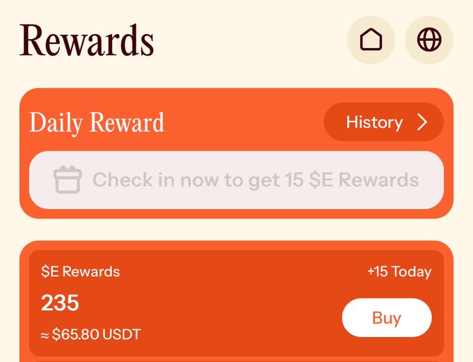The image shows an app screen displaying a daily reward feature for users who have deposited $E into their account. The app has been reduced from 100 E rewards per day to 15 E rewards, which means that users now receive 15 E rewards every day instead of the previous 100. This change is aimed at providing more value and convenience to the users by offering them fewer rewards but with a higher reward rate.