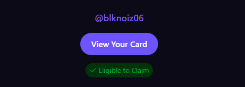 The image shows a dark-themed graphic with the handle "@blknoiz06" at the top, a purple "View Your Card" button in the middle, and a green "✓ Eligible to Claim" badge below, indicating that the user is eligible to claim their Monad card.