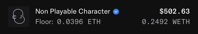A green background with white text displaying "Non Playable Character" at the top and two rows below that read "Floor : 0.03ETH", "$70 - $500" and "$0.69 - $99". The post is about a character from the game flooring who has a price of 0.04 eth.