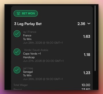 The image shows a winning 3-leg parlay bet slip on the Divvy betting app with green "BET WON" confirmation and checkmarks, featuring France vs. To Win (1.63), Cape Verde vs. Handicap (1.18), and Senegal vs. To Win (1.23), turning a 10.00 wager into a 23.60 payout. This supports the post's claim of winning big, showcasing the successful multi-match parlay.
