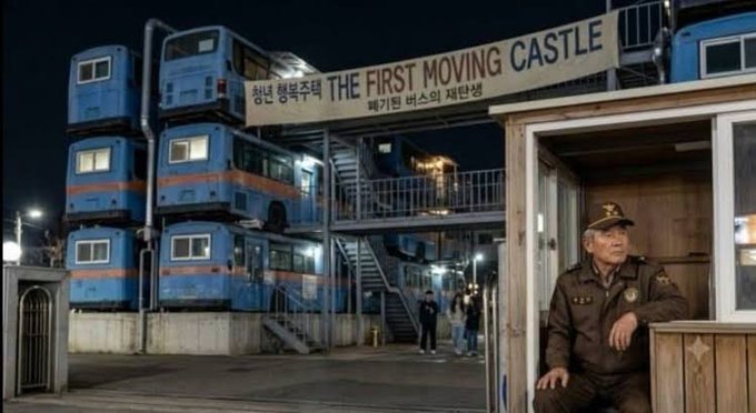 A nighttime scene showing stacked blue buses in Busan, South Korea, with a sign reading 'THE FIRST MOVING CASTLE' and a security guard in uniform sitting in a guard booth in the foreground.