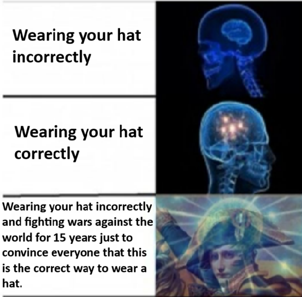 A three-panel meme contrasting 'Wearing your hat incorrectly' (medical skull X-ray), 'Wearing your hat correctly' (skull with glowing brain), and the final panel sarcastically celebrating those who wear their hat incorrectly while fighting wars for 15 years to prove it's correct.