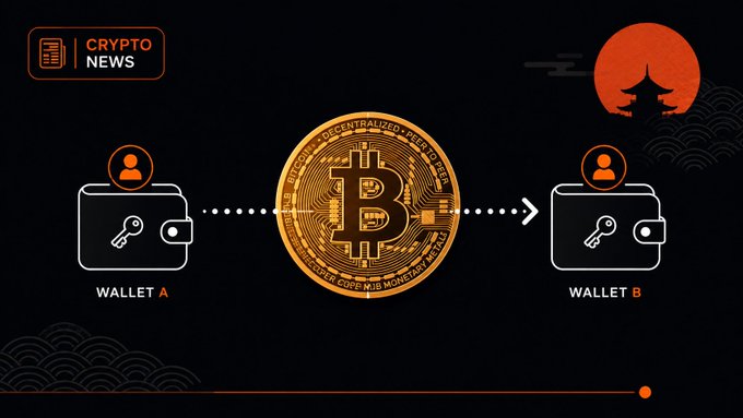 An illustration depicting a Bitcoin transfer between two wallets, labeled "WALLET A" and "WALLET B," with a "CRYPTO NEWS" badge in the corner, visually representing the rumored 5,014 BTC ($320 million) transfer that sparked speculation about Metaplanet selling its Bitcoin holdings.