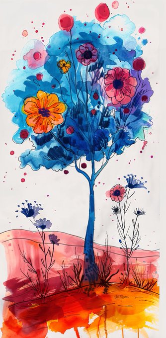 A colorful watercolor painting features a whimsical tree with a blue canopy adorned with vibrant pink, orange, and yellow flowers, standing on a red and pink hilly landscape with smaller wildflowers, perfectly capturing the cheerful, blooming spirit of a happy weekend celebration.
