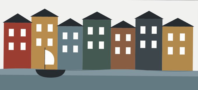 A simple flat-design illustration of a colorful row of houses with peaked roofs in red, yellow, blue, green, brown, dark gray, and tan, with a small sailboat on water in front.