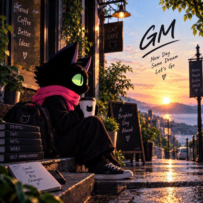 An anime-style black cat character wearing a pink scarf sits at a cat cafe steps holding a coffee cup, with signs reading 'GM New Day Same Dream Let's Go', 'A Brighter Day Ahead', and books labeled 'CRYPTO', 'DeFi', 'NFTs', 'WEB3', and 'SELF IMPROVEMENT'.