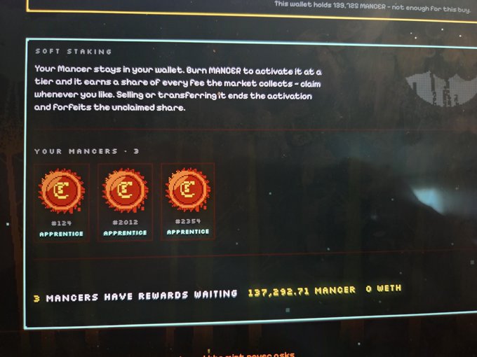 A screenshot of a "Soft Staking" interface displays 3 ChainMancers (IDs #124, #2012, #2354) at the Apprentice tier, showing 137,292.71 MANCER in unclaimed rewards, which visually confirms the post's claim that the user's three staked ChainMancers earned over 137,300 MANCER after 12 days of forgotten staking.