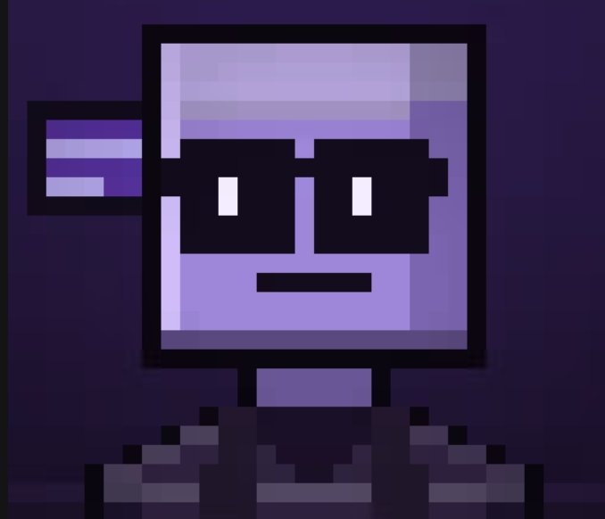 A pixel art portrait of a purple-skinned character wearing black rectangular sunglasses with white pupils visible, set against a dark purple background.