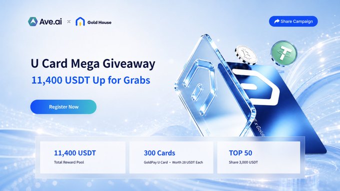 An advertisement for the 'U Card Mega Giveaway' by Ave.ai and Gold House, offering a total reward pool of 11,400 USDT, with 300 GoldPay U Cards (worth 28 USDT each) and a top 50 share of 3,000 USDT.