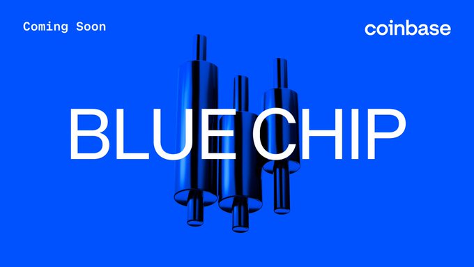 A Coinbase "Coming Soon" promotional graphic for $BLUECHIP features large white text over a vibrant blue background with metallic blue cylindrical shapes. The bold branding aligns with the post's bullish prediction of $BLUECHIP reaching a 100 million market cap upon its anticipated launch on the Coinbase exchange.