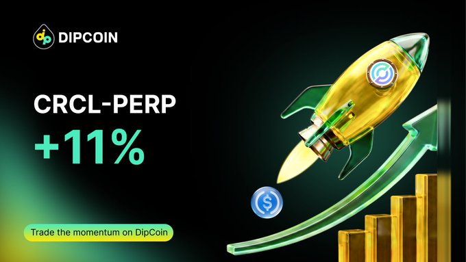 DipCoin promotional graphic showing 'CRCL-PERP +11%' in green text alongside a gold rocket ship launching over gold bar stacks on a dark green background.