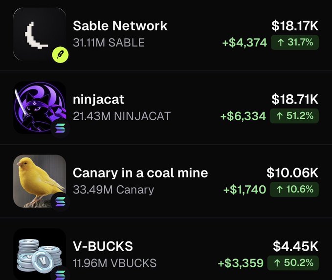 A cryptocurrency tracking app screenshot showing prices for Sable Network ($18.17K, +31.7%), ninjacat ($18.71K, +51.2%), Canary in a coal mine ($10.06K, +10.6%), and V-BUCKS ($4.45K, +50.2%).