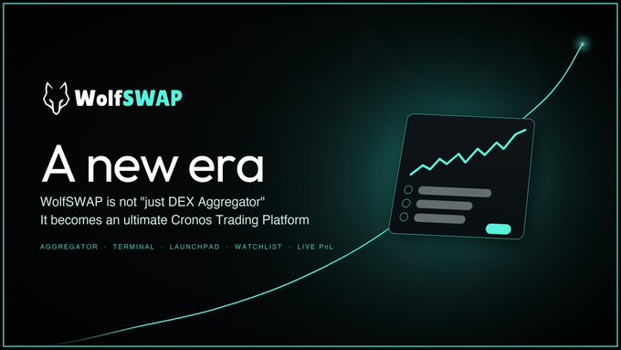 Promotional banner for WolfSWAP's rebranding, featuring the tagline "A new era" alongside the WolfSWAP logo (a wolf head icon), with text declaring it is "not 'just DEX Aggregator,' It becomes an ultimate Cronos Trading Platform" and listing features: "AGGREGATOR · TERMINAL · LAUNCHPAD · WATCHLIST · LIVE P&L," accompanied by an illustration of a trading dashboard showing an upward-trending chart.