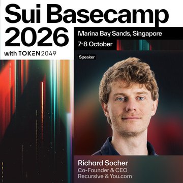 Promotional graphic for Sui Basecamp 2026 (with TOKEN2049), taking place 7-8 October at Marina Bay Sands, Singapore, featuring speaker Richard Socher, Co-Founder & CEO of Recursive and You.com.