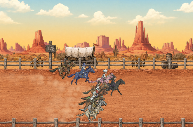 A pixel-art Western scene showing cowboys on horseback in a dusty corral with covered wagons and mesas in the background.